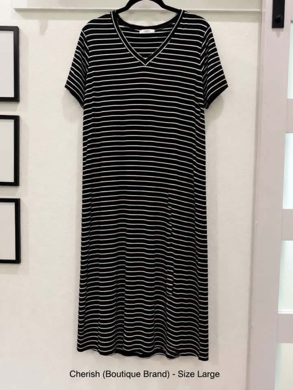 Cherish (Boutique Brand) Black & White Striped V-Neck Midi Dress